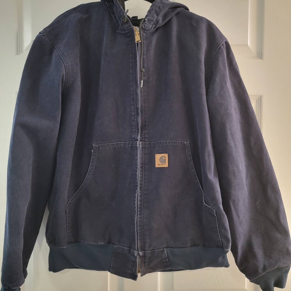 Vintage Carhartt Coat. Canvas Blue. Gold zipper pull. Hooded.